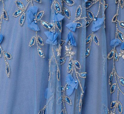 One Shoulder 3D Floral Beaded Ankle Dress In French Blue