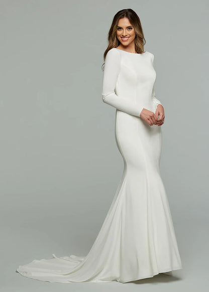 CHIFFON MERMAID WEDDING DRESS WITH BATEAU NECKLINE AND LONG SLEEVES