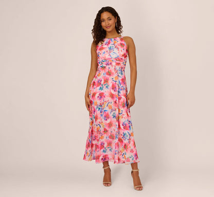 Sleeveless Floral Chiffon Halter Dress With Tie Waist In Ivory Multi