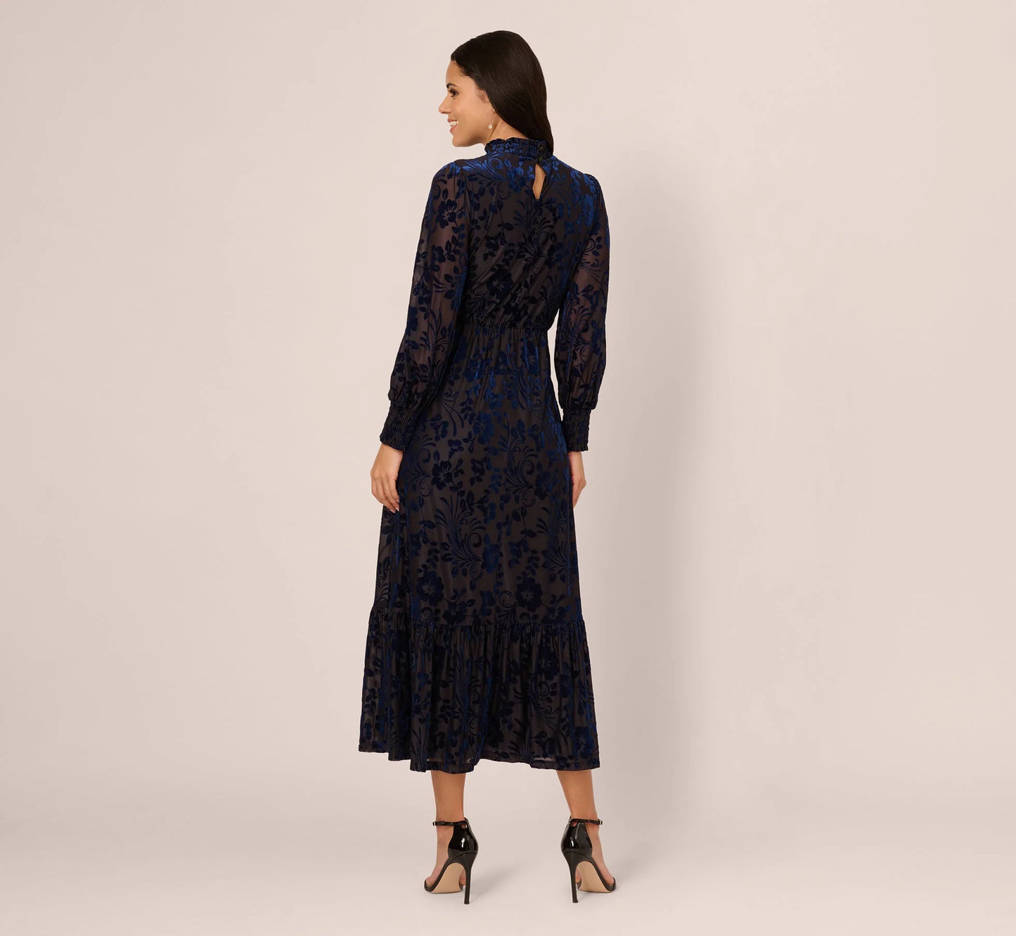 Long Sleeve Floral Velvet Burnout Midi Dress In Light Navy
