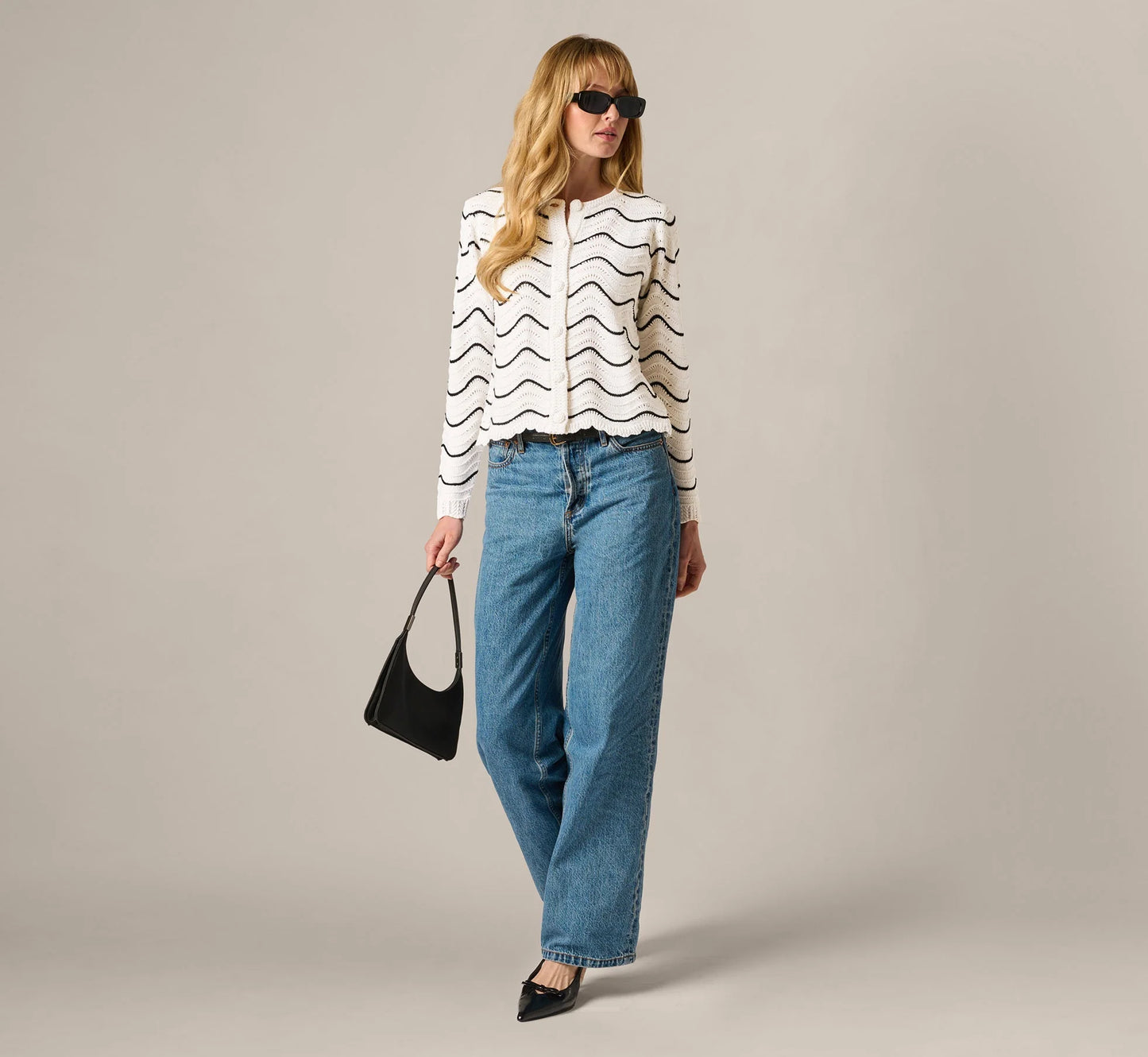 Open Pointelle Scalloped Cardigan Sweater In Glacier Black