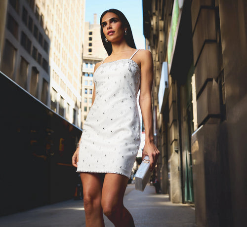 Sleeveless Beaded Mini Sheath Dress In Ivory