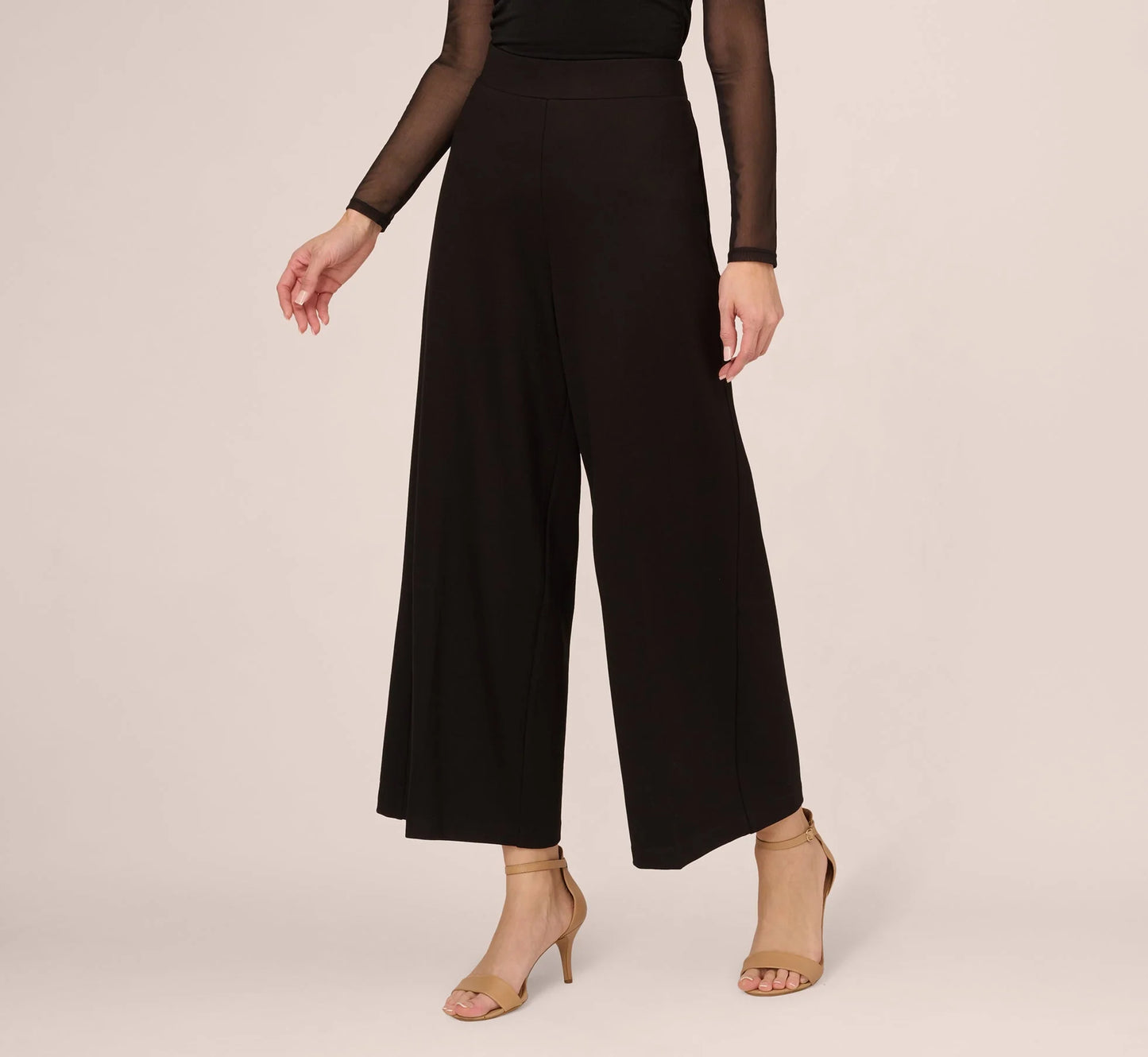 Ponte Knit Wide Leg Pants With Elastic Waist In Black