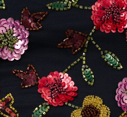 Short Sleeve Floral Beaded Midi Dress In Navy Multi