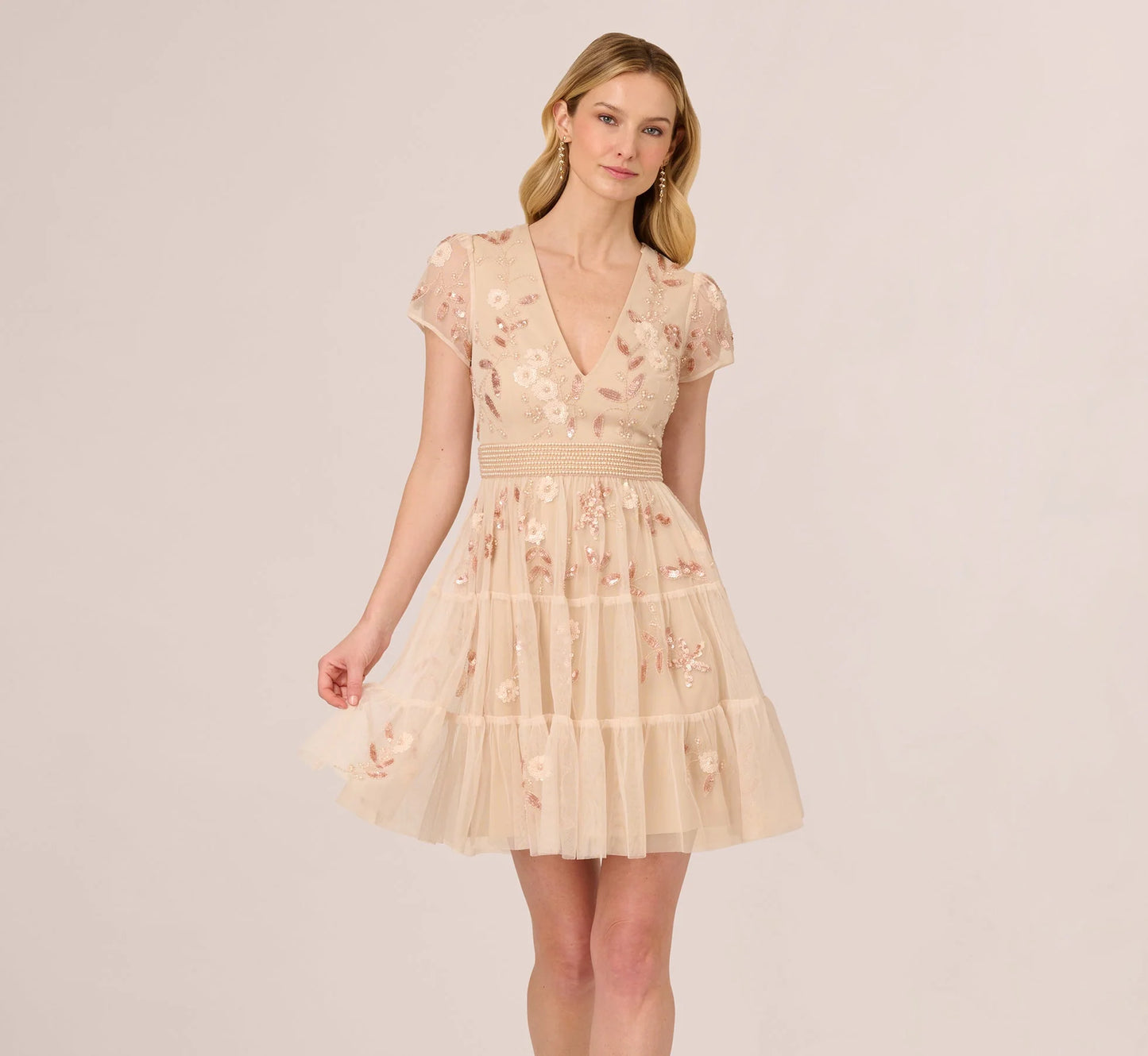 Cap Sleeve Pearly Sequin Cocktail Dress In Pale Pink