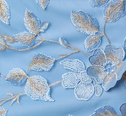 Cap Sleeve Floral Embroidered Illusion Godet Gown In Light Blue Gold