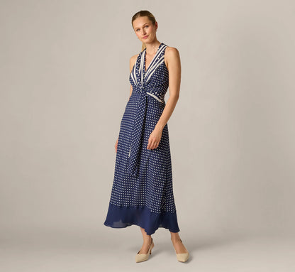 Dot Print Chiffon Halter Maxi Dress With Sash Waist In Navy Ivory