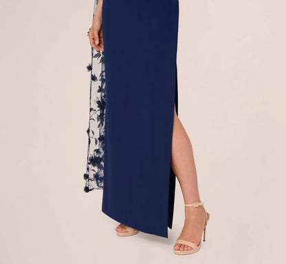 One Shoulder Floral Cape Sleeve Dress In Navy Sateen
