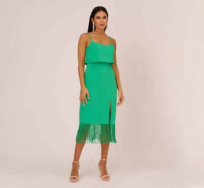 Stretch Crepe Popover Midi Dress With Fringe Hem In Summer Green
