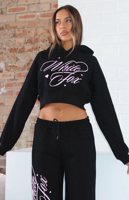 Love You Regardless Cropped Zip Front Hoodie Black