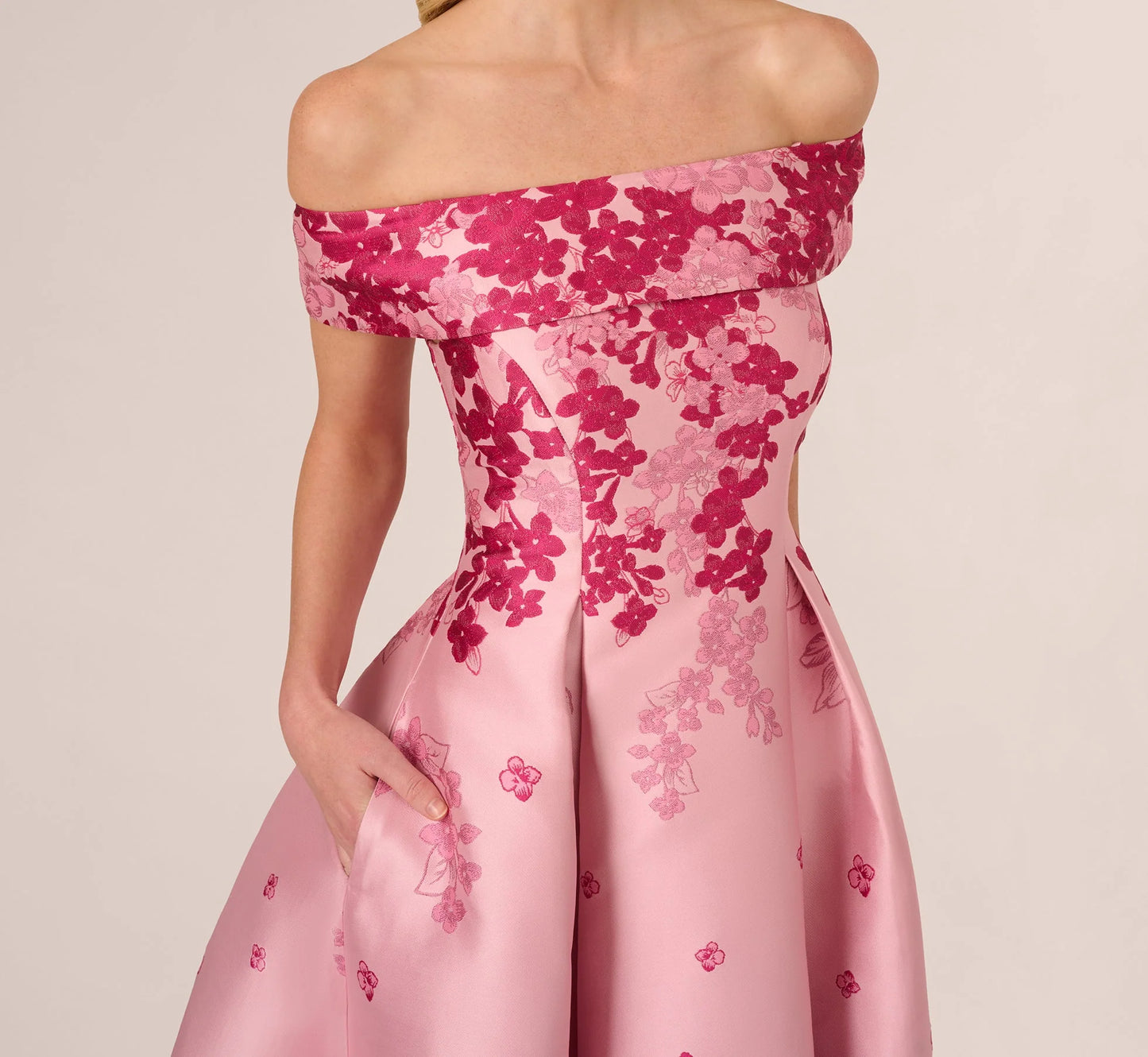 Floral Jacquard Ankle Length Dress With Off The Shoulder Neckline In Pink Multi