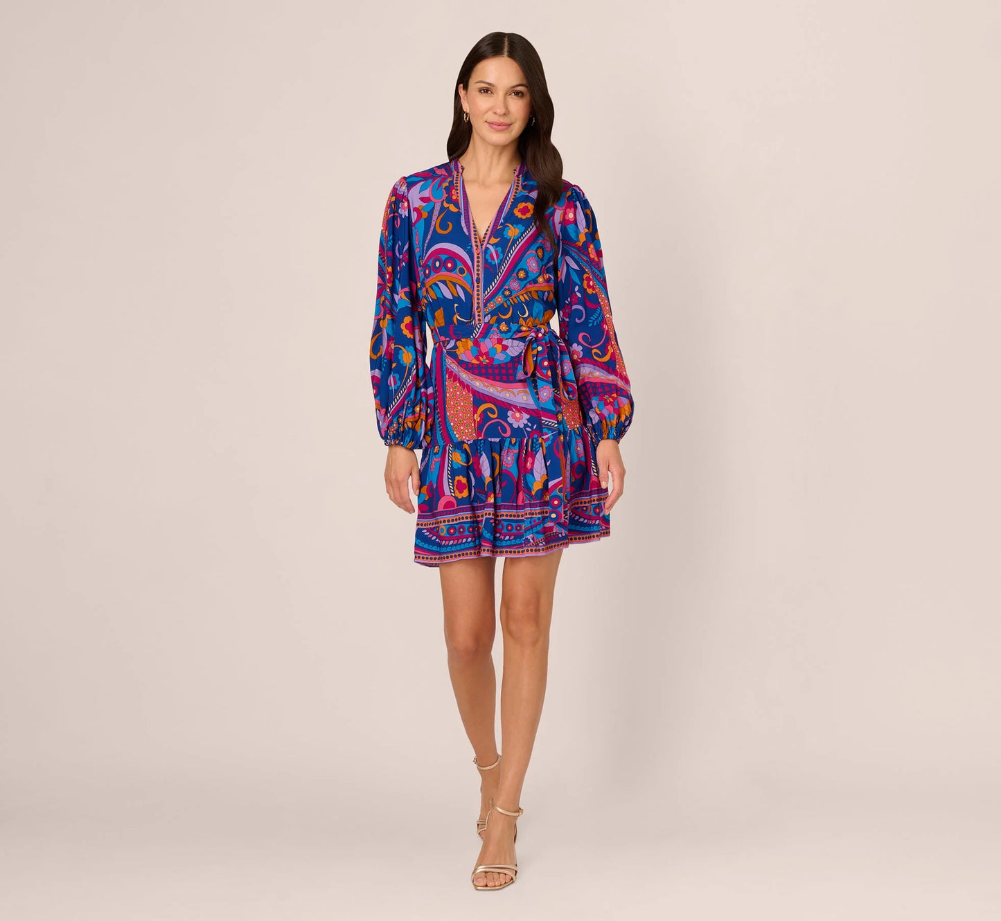 Long Sleeve Retro Printed A Line Dress In Blue Multi