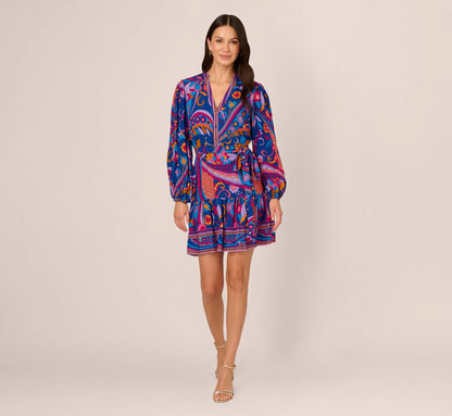 Long Sleeve Retro Printed A Line Dress In Blue Multi