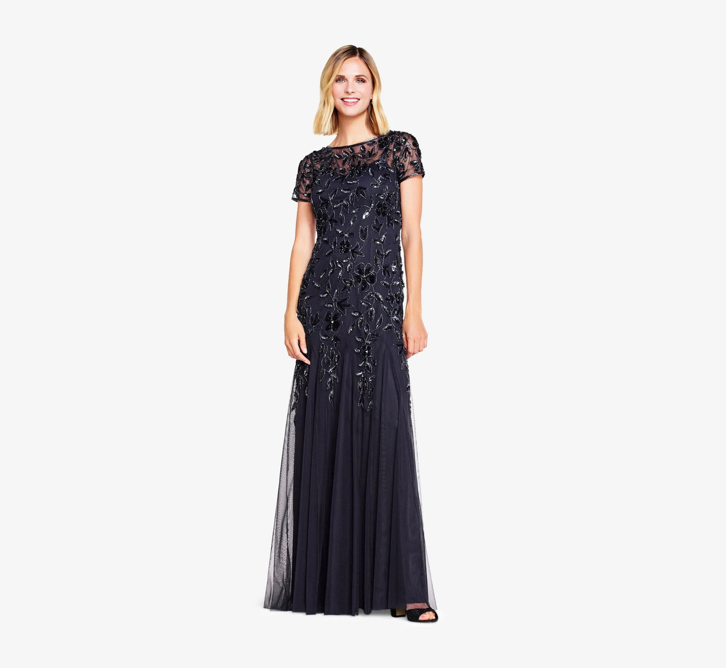 Hand Beaded Short Sleeve Floral Godet Gown In Twilight