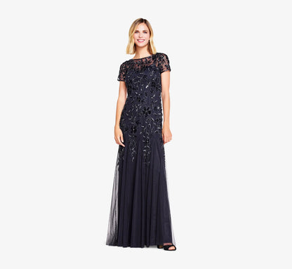 Hand Beaded Short Sleeve Floral Godet Gown In Twilight
