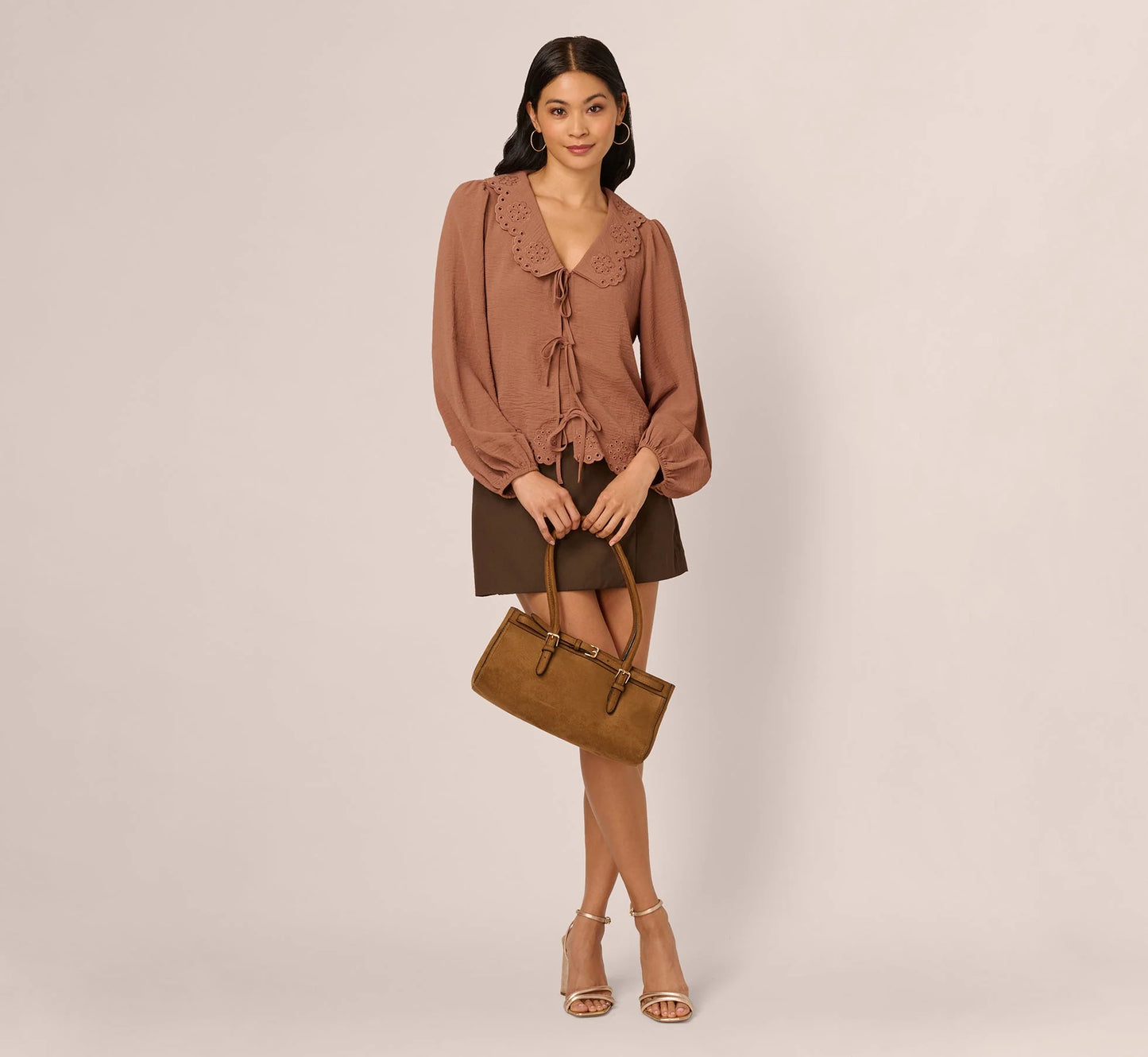 Long Sleeve Embroidered Eyelet Top In Acorn
