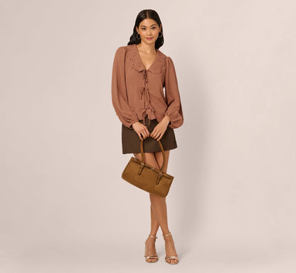 Long Sleeve Embroidered Eyelet Top In Acorn