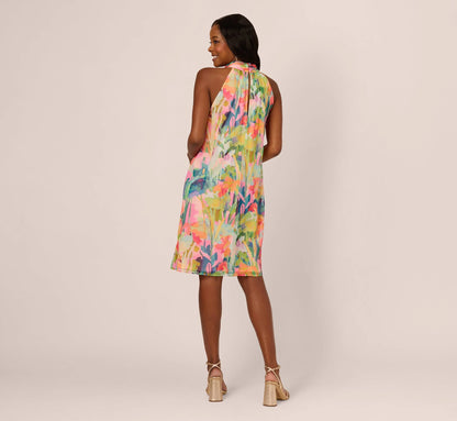 Floral Ruffle Chiffon Halter Trapeze Dress In Pink Multi