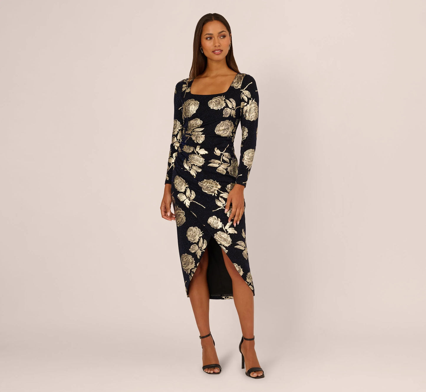 Long Sleeve Stretch Metallic Rose Floral Midi Dress In Navy Gold