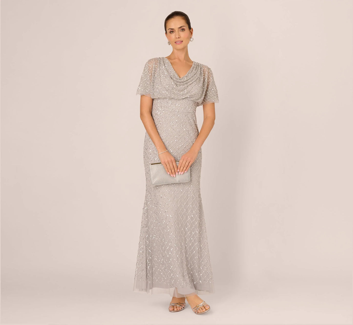 Short Sleeve Diamond Beaded Cowl Gown In Crystal Silver