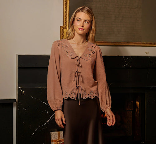 Long Sleeve Embroidered Eyelet Top In Acorn