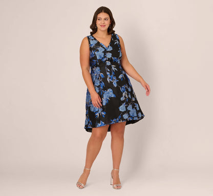 Plus Size Floral Jacquard Short Fit And Flare Dress In Blue Black Multi