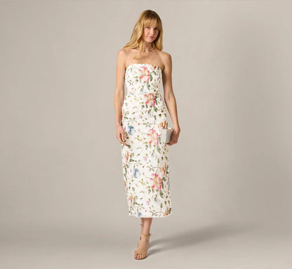 Strapless Floral Beaded Embroidery Midi Dress In Ivory Multi