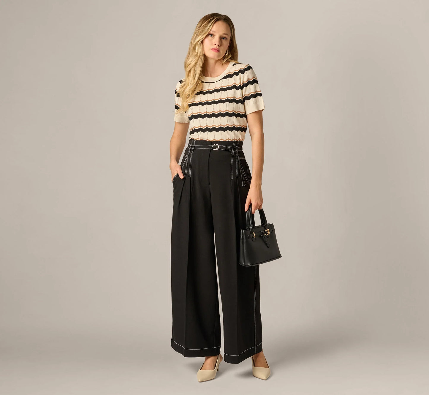 Topstitch Wide Leg Paperbag Pant With Belt In Black Ivory
