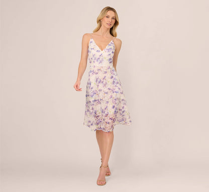 Floral Tulle Soutache A Line Midi Dress With Embellished Straps In Ivory Multi