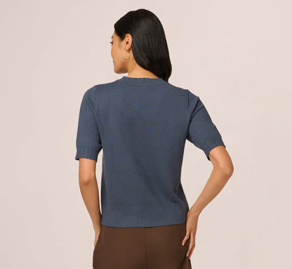 Short Sleeve Scalloped Sweater Top In Slate Blue