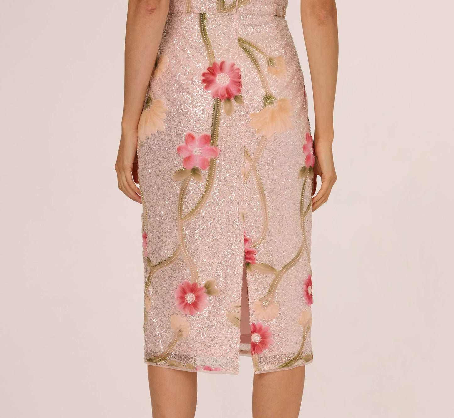 Sequin Floral Midi Sheath Dress In Silver Blush Multi