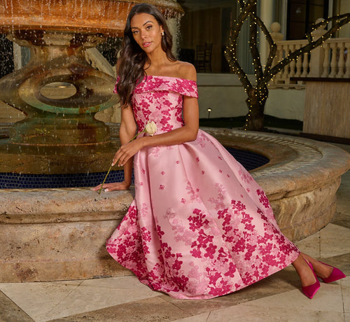 Floral Jacquard Ankle Length Dress With Off The Shoulder Neckline In Pink Multi