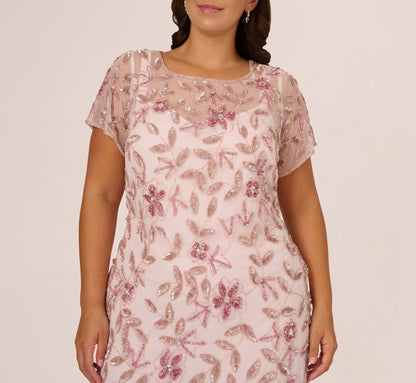 Plus Size Hand Beaded Short Sleeve Floral Godet Gown In Blush Pink