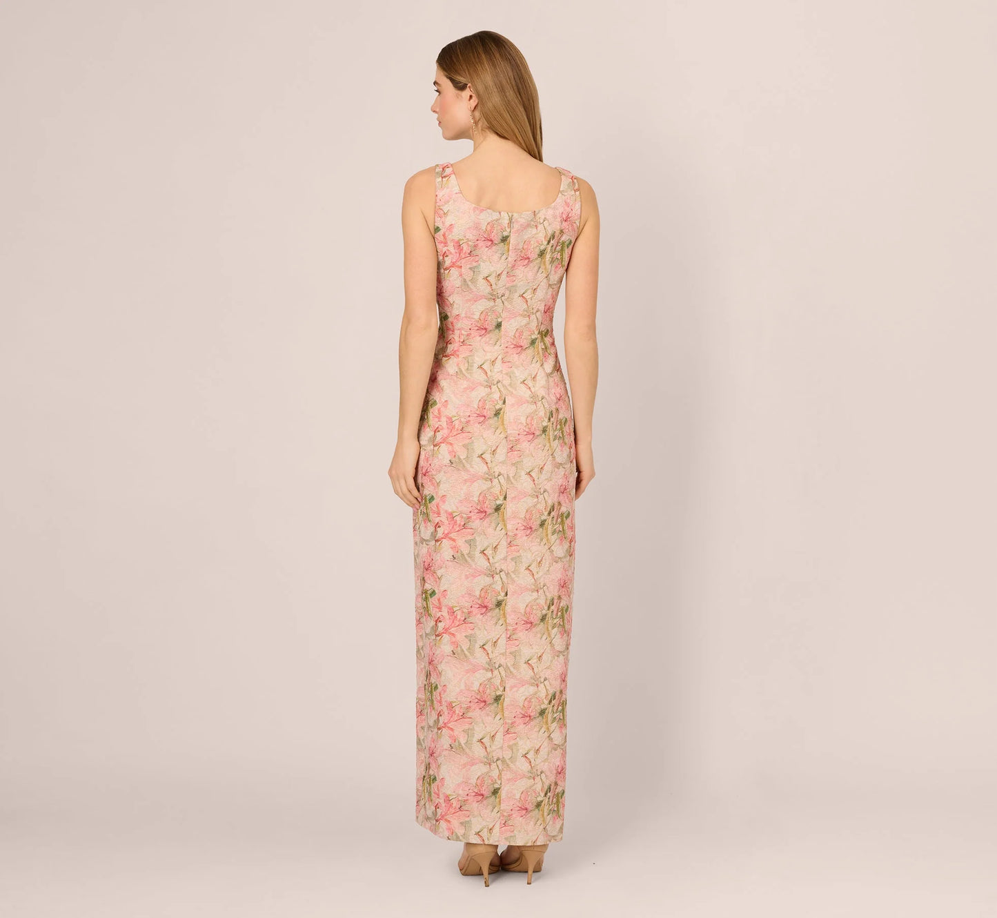 Sleeveless Metallic Floral Matelasse Gown In Coral Multi