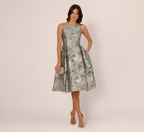 Tea Length Jacquard Dress With Sleeveless Bodic In Slate
