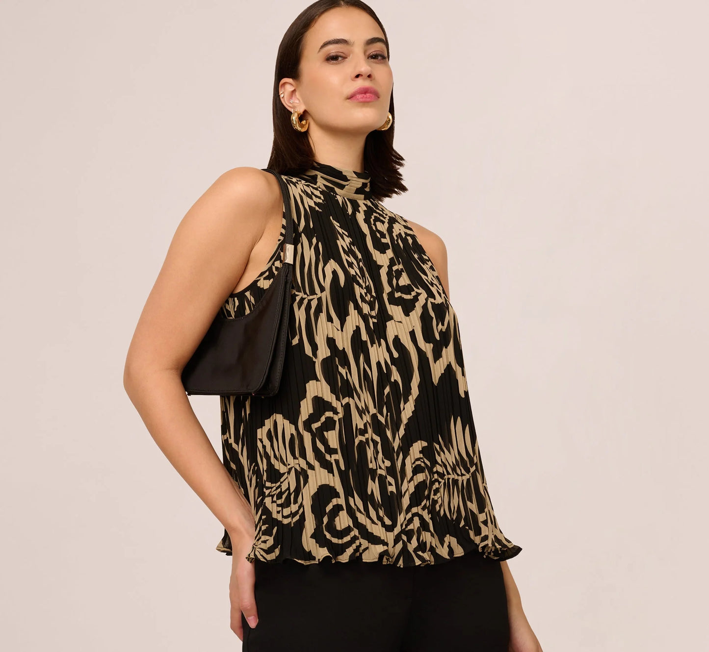 Pleated Floral Halter Top In Black Ornate Floral