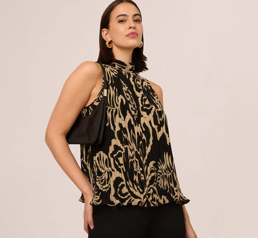 Pleated Floral Halter Top In Black Ornate Floral