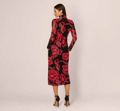 Long Sleeve Floral Mesh Bodycon Midi Dress In Black Multi