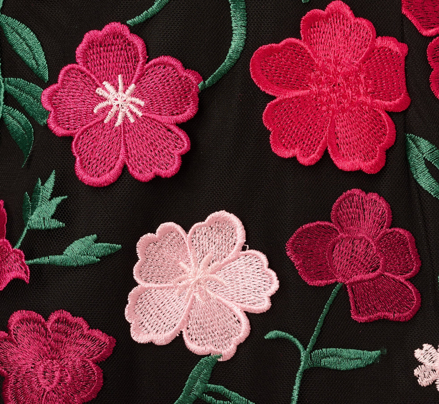 Floral Embroidered Flounce Dress With Sheer Short Sleeves In Black Berry