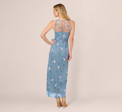 Sleeveless Illusion Embroidered Maxi Dress In French Blue Multi