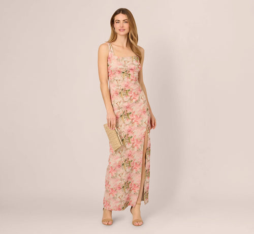 Sleeveless Metallic Floral Matelasse Gown In Coral Multi