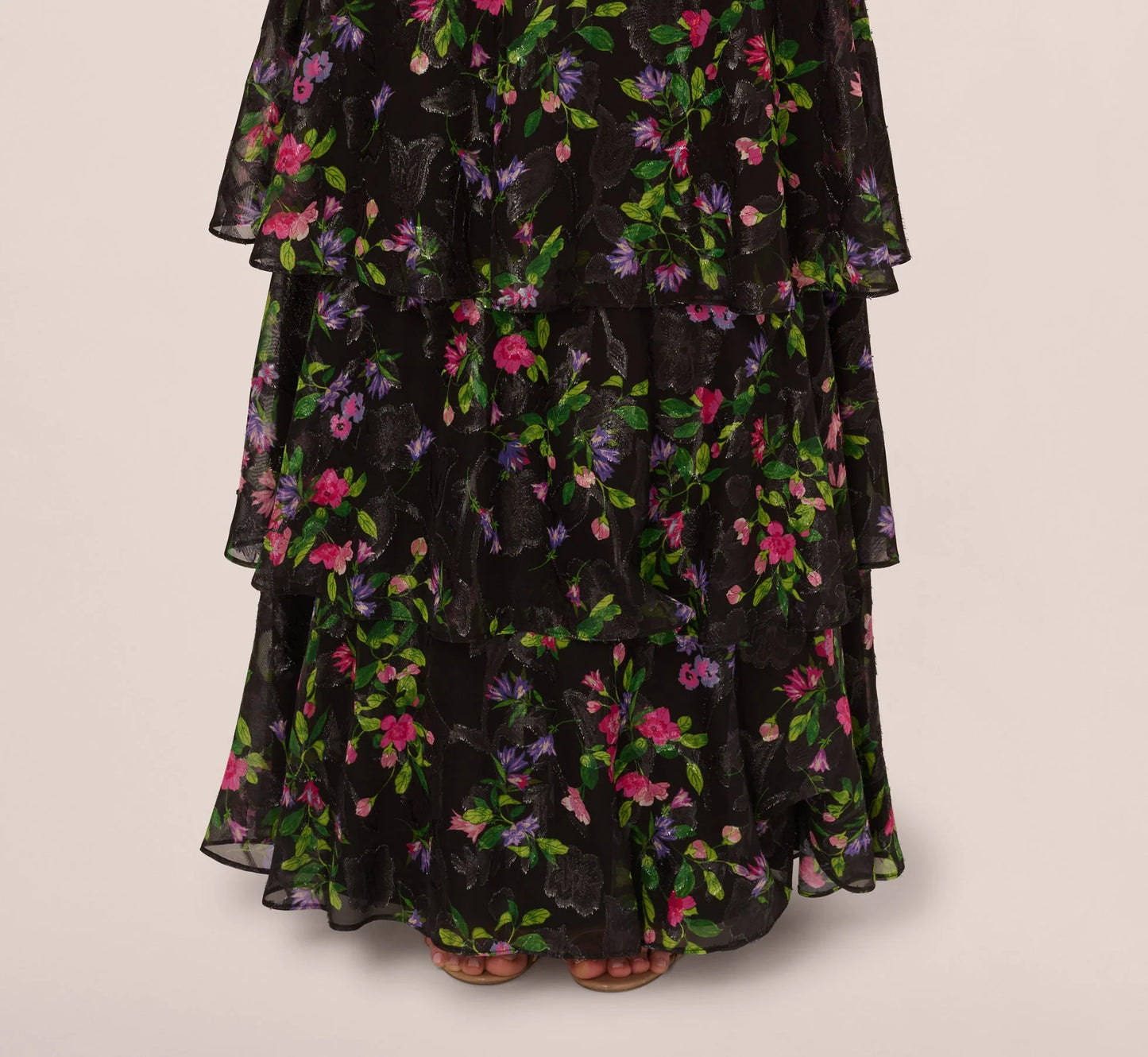 Floral Tiered Chiffon Gown With Flutter Sleeves In Black Multi