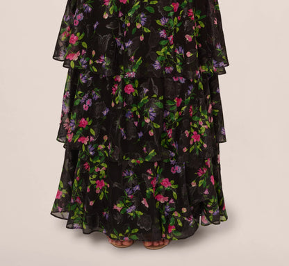 Floral Tiered Chiffon Gown With Flutter Sleeves In Black Multi