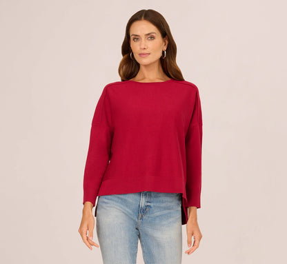 Long Sleeve Drop Shoulder Pullover Sweater Top In Cranberry