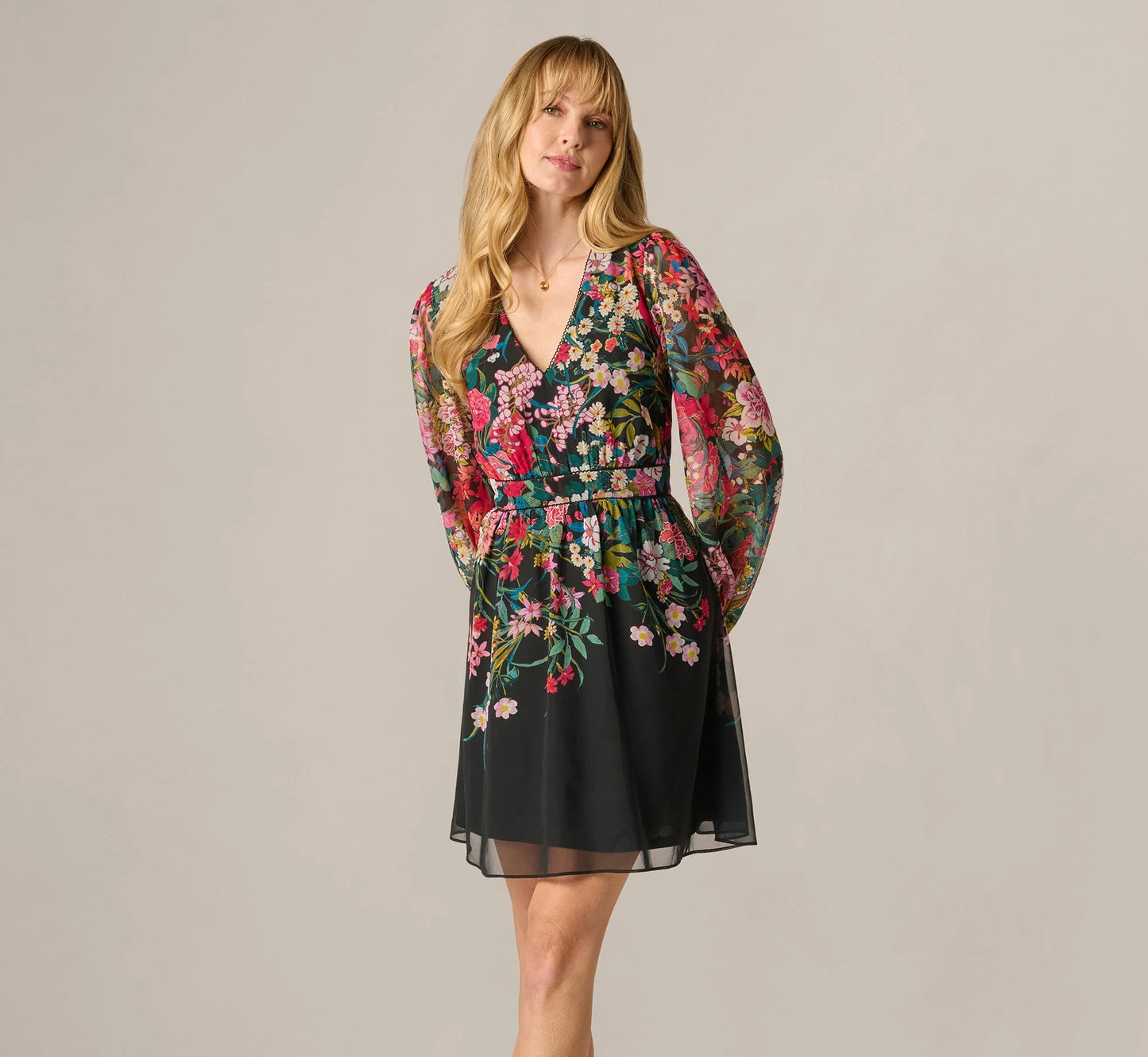 Long Sleeve Wildflower Print Short Dress In Black Multi