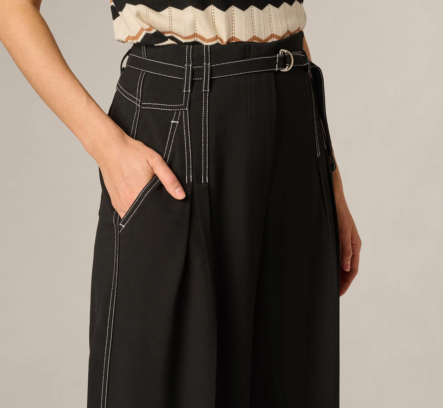 Topstitch Wide Leg Paperbag Pant With Belt In Black Ivory