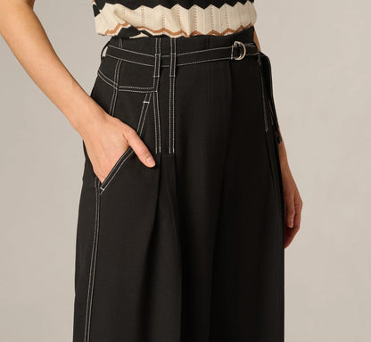 Topstitch Wide Leg Paperbag Pant With Belt In Black Ivory