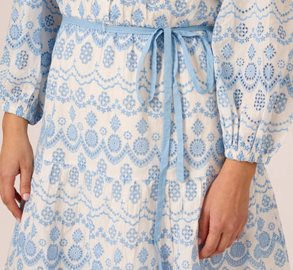 Plus Size Long Sleeve Flounce Eyelet Shirt Dress In Light Blue Ivory