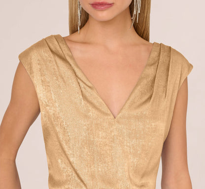 Foil Blouson Midi Dress With Faux Wrap Skirt In Light Gold