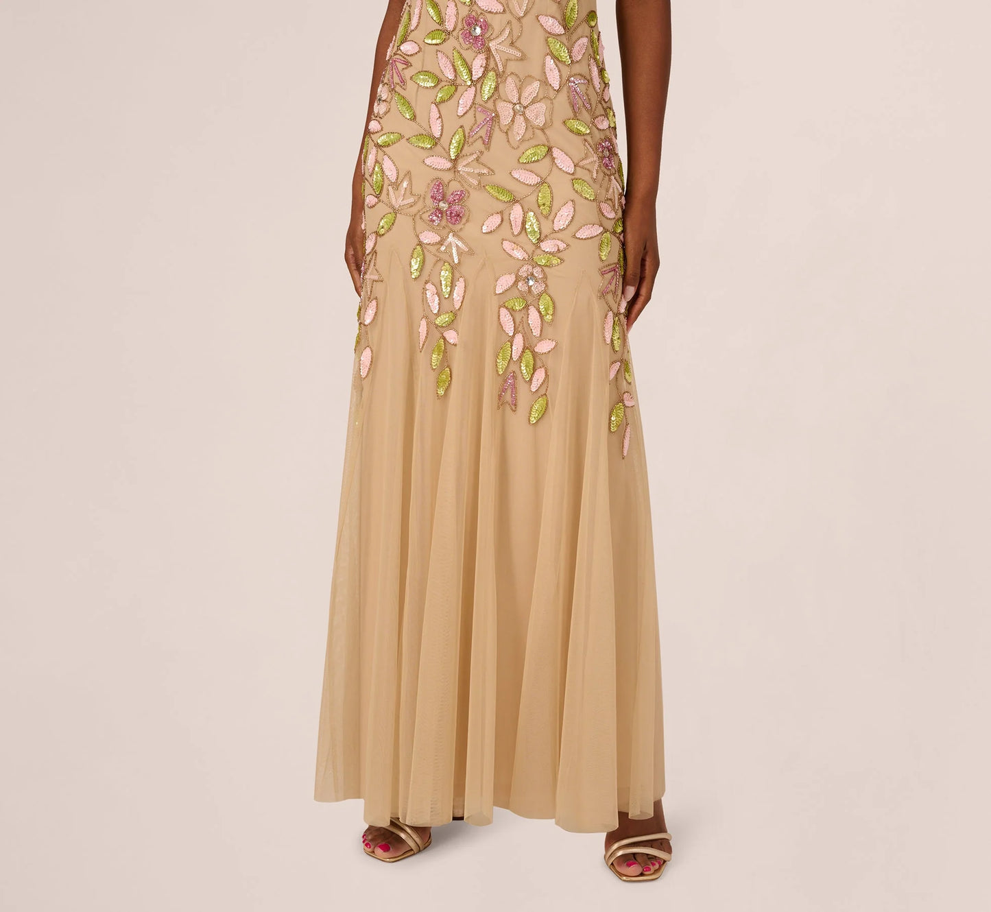 Short Sleeve Vine Beaded Godet Gown In Nude Multi